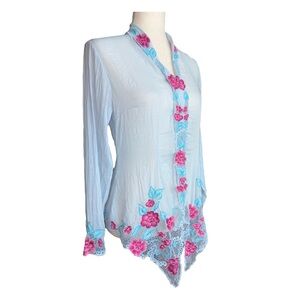Chic Floral Embroidered Button Down Shirt - Light Blue and Pink